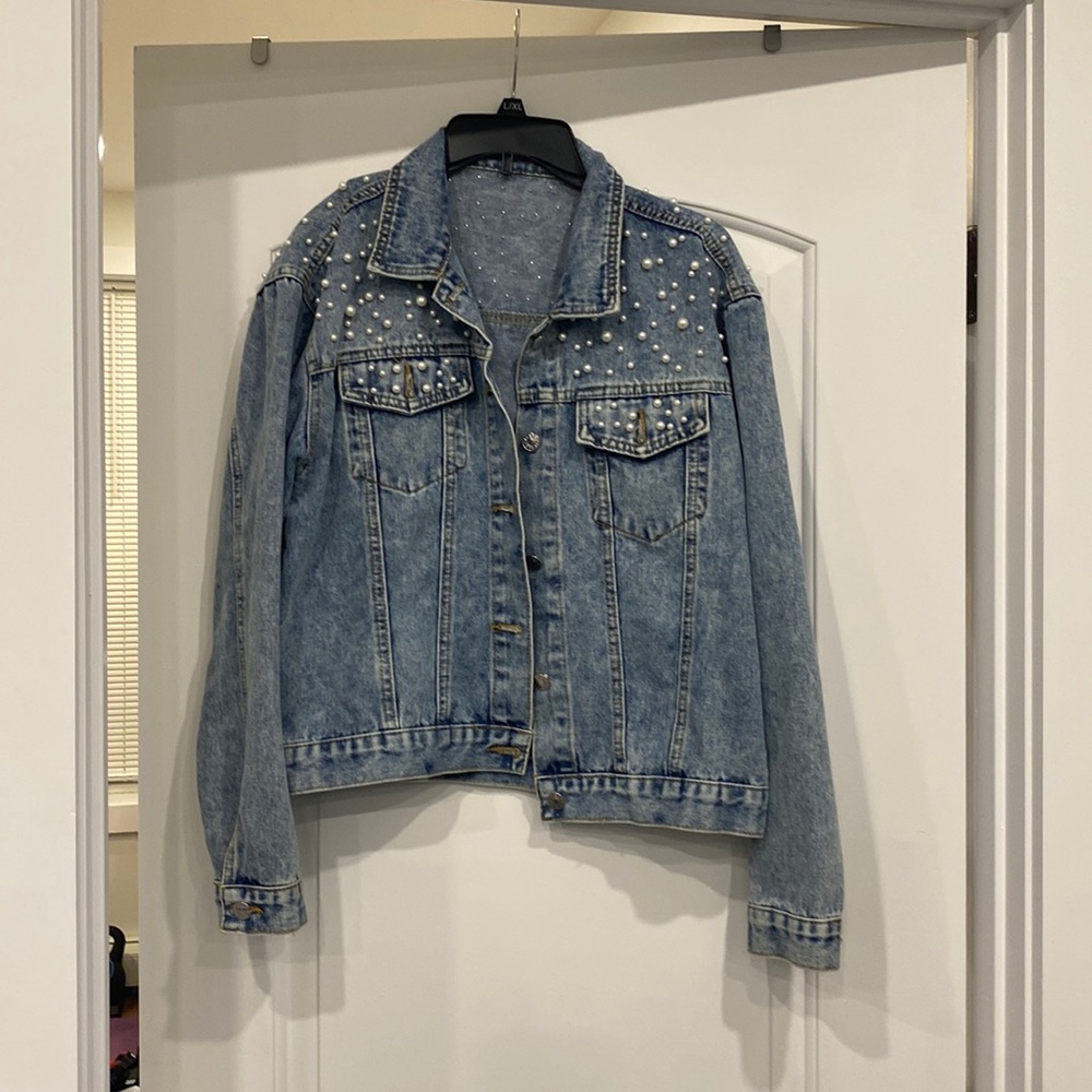 Oversized Denim Jacket with Embroidered Pearls